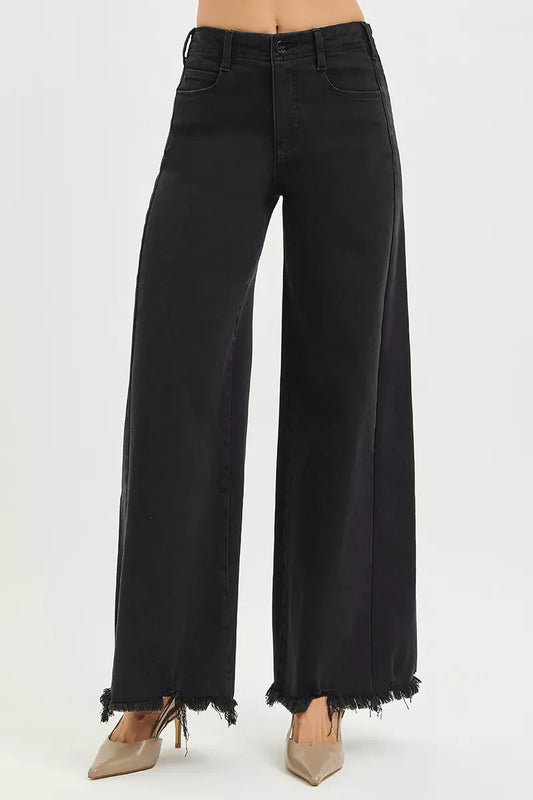 RISEN Tummy Control High Rise Palazzo Leg Frayed Hem Jeans