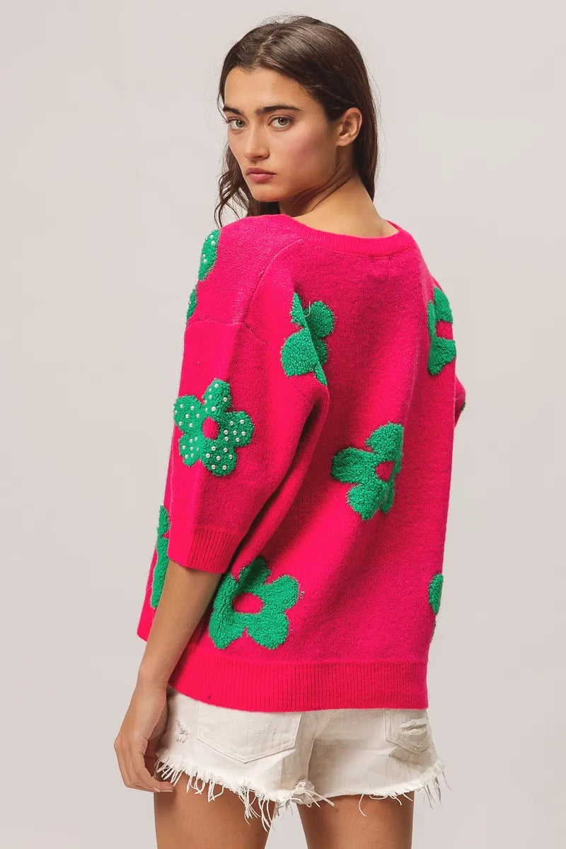BiBi Pearl Beads Flowers Sweater Top