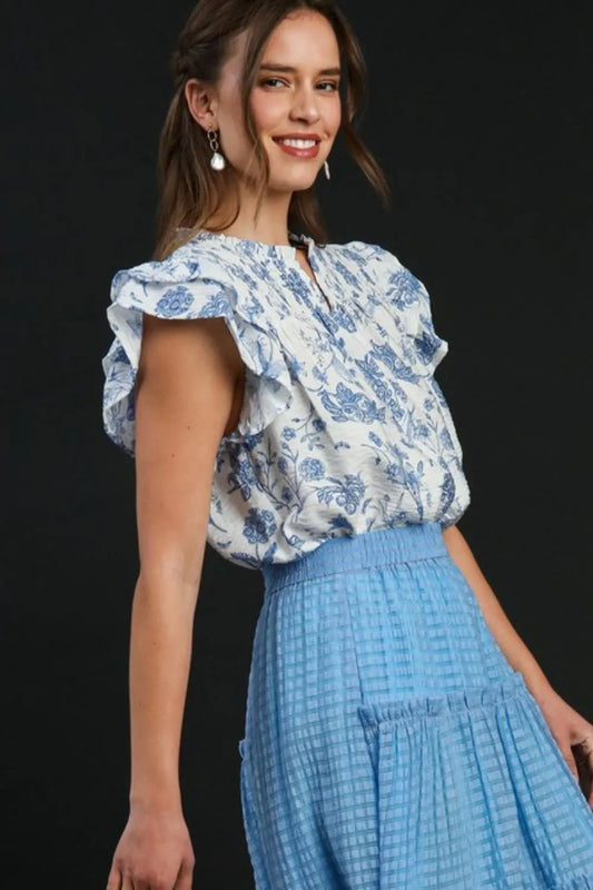 Umgee Full Size Two Tone Boxy Cut Floral Print Blouse Plus Size