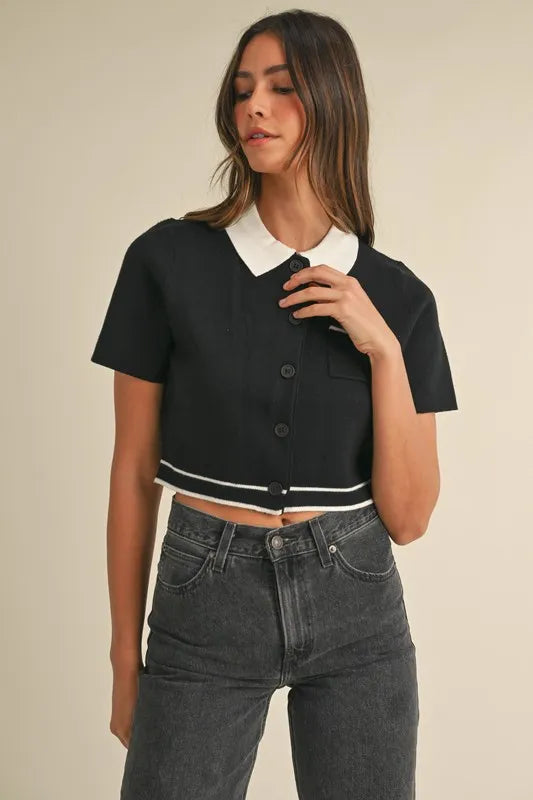 MABLE Button Down Contrast Collared Knit Cardigan
