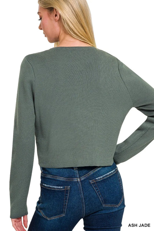 Zenana Button-Front Crewneck Long Sleeve Cropped Cardigan