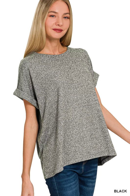 Zenana Soft Melange Hacci Short Sleeve Round Neck Top