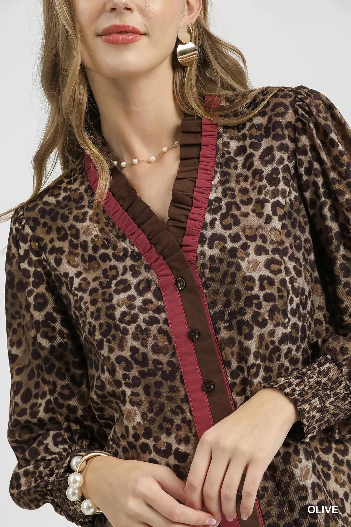 Umgee Ruffle Trim Leopard Print Shirt