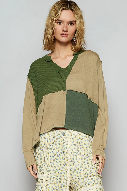 POL Color Block Notched Long Sleeve T-Shirt