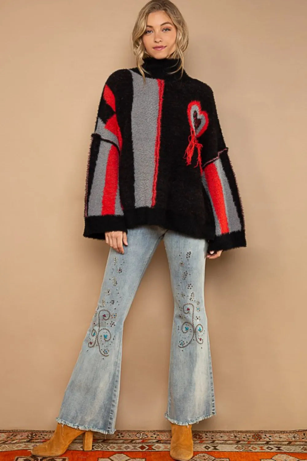 POL Turtleneck Color Block Fringe Detail Sweater