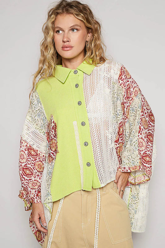 POL Thermal and Crochet Lace Mix Shirt with Floral Pattern