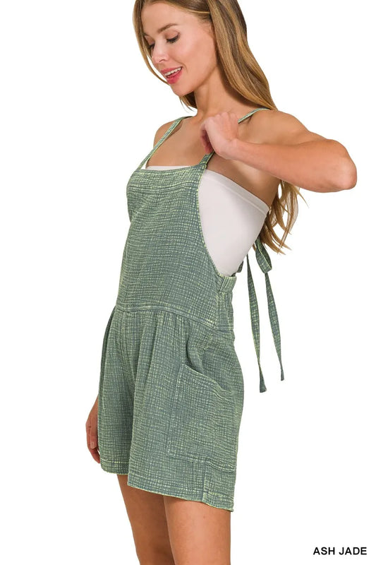 Zenana Washed Double Gauze Tie Back Rompers