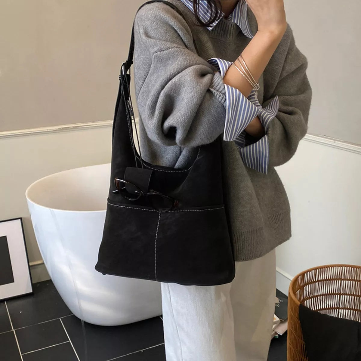 Minimalist PU Leather Shoulder Bag with Pouch