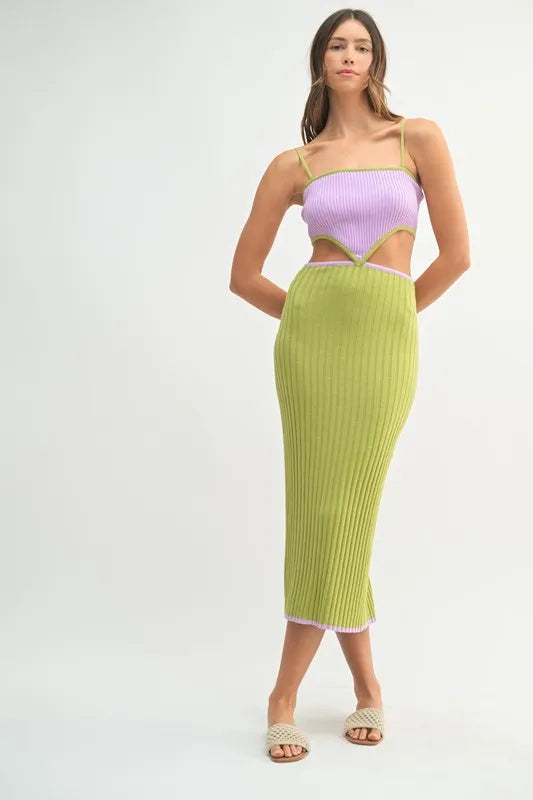 MABLE Ribbed Knit Color Block Cutout Midi Dress