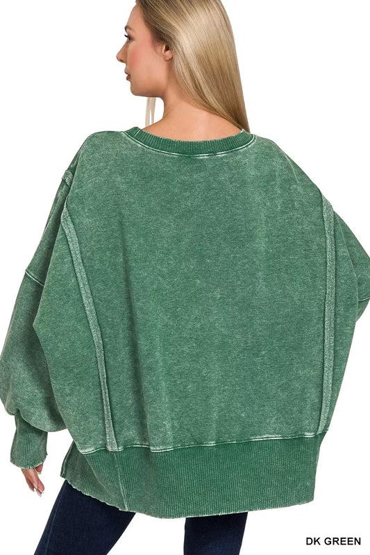 Zenana Acid Washed Batwing Sleeve Fleece Sweatshirt