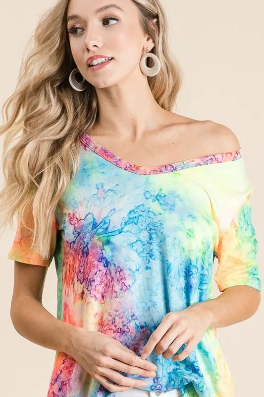 BiBi Tie Dye Print Jersey V Neck Top