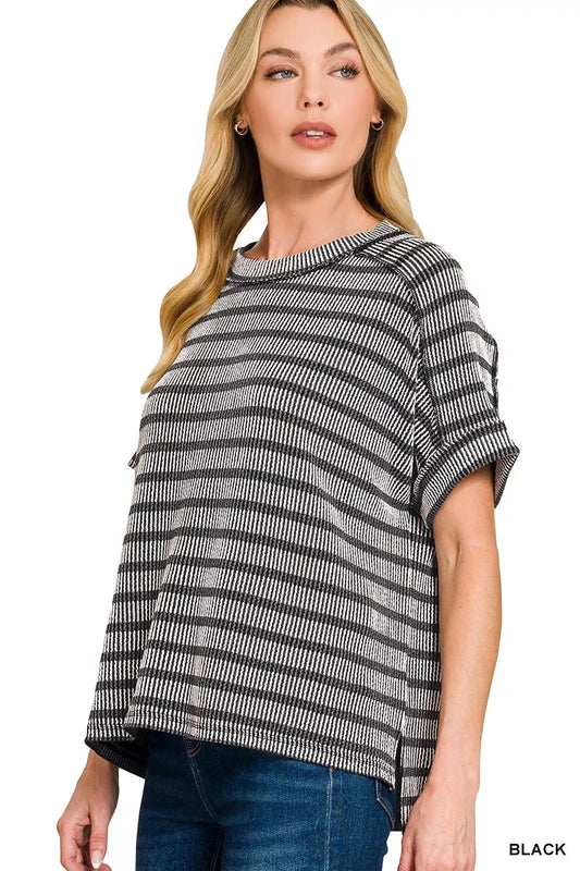 Zenana Raised Rib Striped Exposed Seam Top