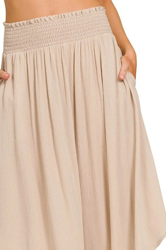 Zenana Woven Crinkle Smocked Waist Maxi Skirt W Pockets