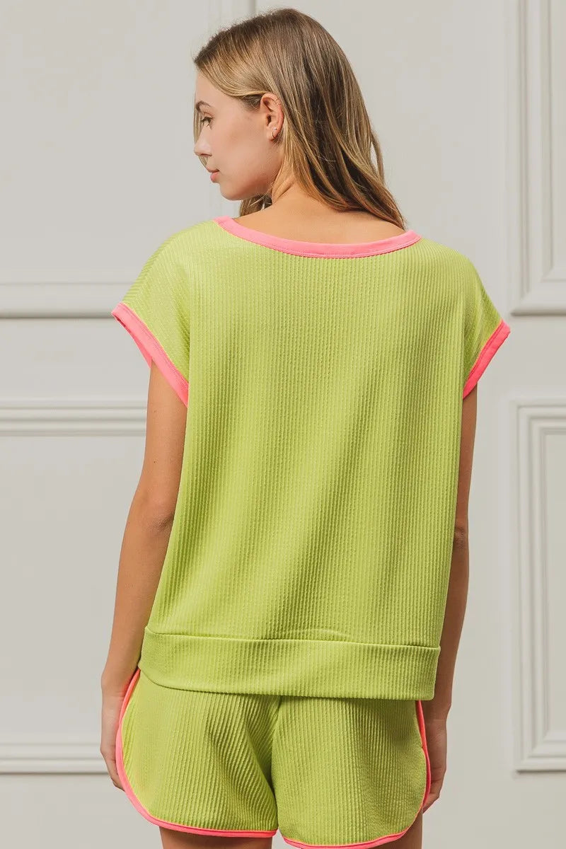 BiBi Cord Rib Knit Contrast Banded Top