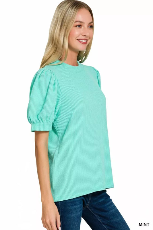 Zenana Raised Rib Puff Sleeve Top