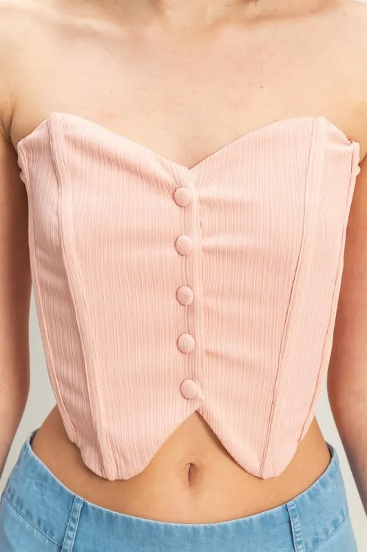 HYFVE Buttoned Front Strapless Knit Bustier Top
