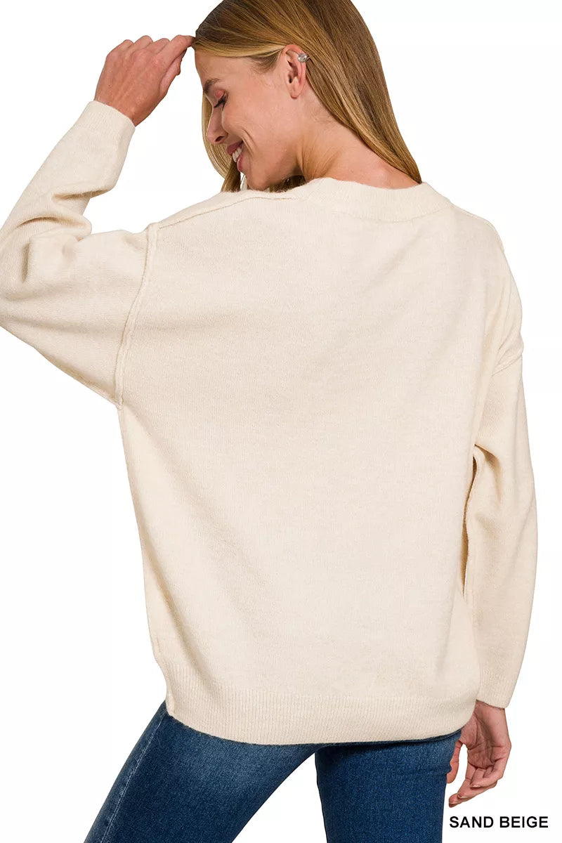 Zenana Melange Front Seam Round-Neck Sweater