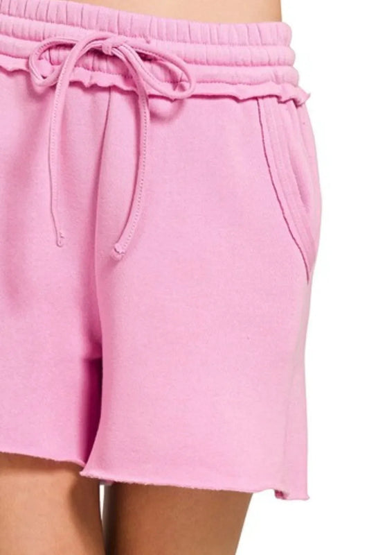 Zenana Fleece Raw Hem Shorts With Draw String