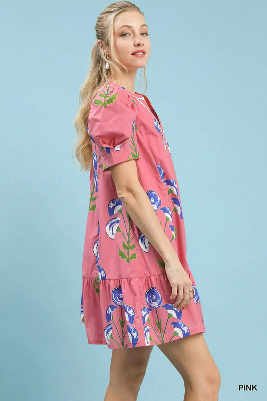 Umgee Floral Print Puff Sleeve Mini Dress with Scallop Trim