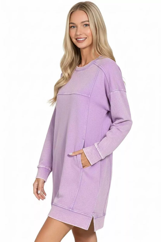 Zenana French Terry Acid Washed Dress with Pockets