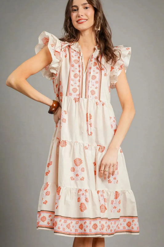Umgee Printed Tie Neck Ruffle Cap Sleeve Dress