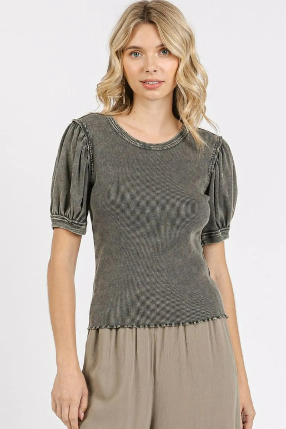 Mittoshop Mineral Wash Puff Sleeve Rib Knit Top