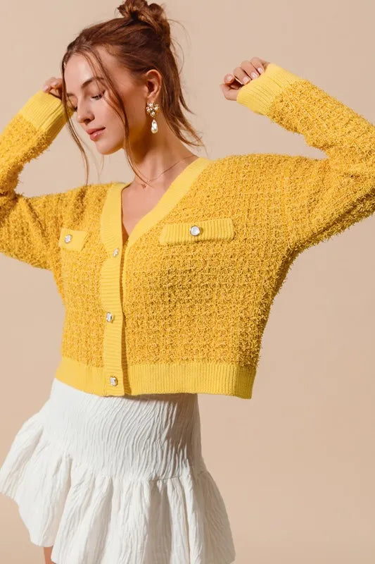 SO ME Frayed Tweed Knit Buttoned Front Cardigan