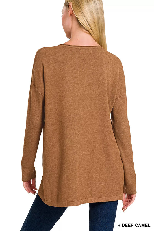 Zenana Viscose Long Sleeve Front Pockets Sweater