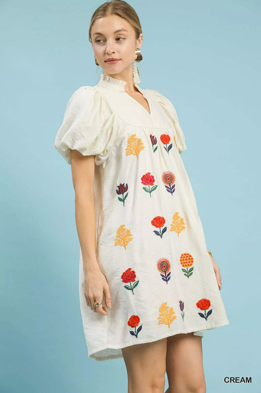 Umgee Floral Embroidered Puff Sleeve Mini Dress
