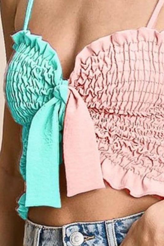 BiBi Woven Color Block Smocked with Ribbon Bra Top