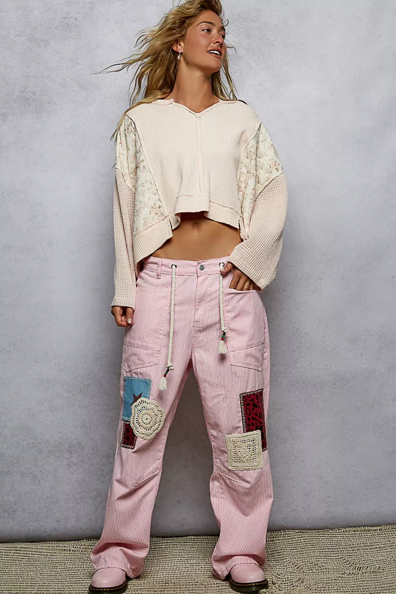 POL Mix Thermal Floral Pattern Quilted Knit Cropped Top with Raw Edge Detail