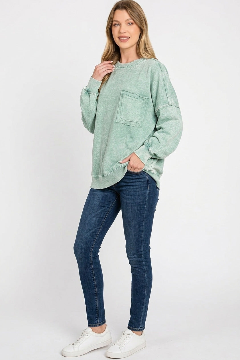 Zenana Halo Washed French Terry Exposed-seam Sweatshirt