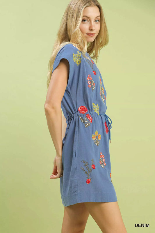 Umgee Embroidered Floral Mini Dress with Waist Tie