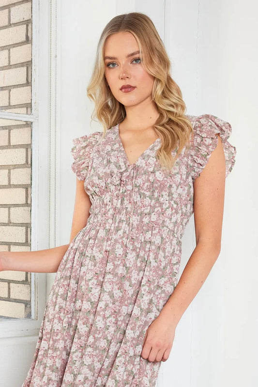Mittoshop Flower Print Ruffle Cap Sleeve V-neck Midi Dress