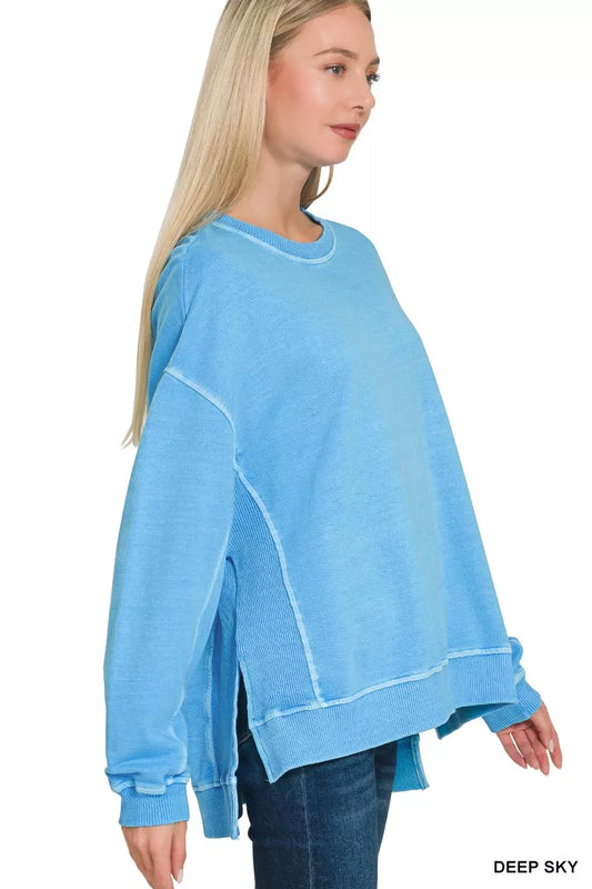 Zenana Full Size French Terry Pigment Dye & Enzyme Washing Pullover Plus Size