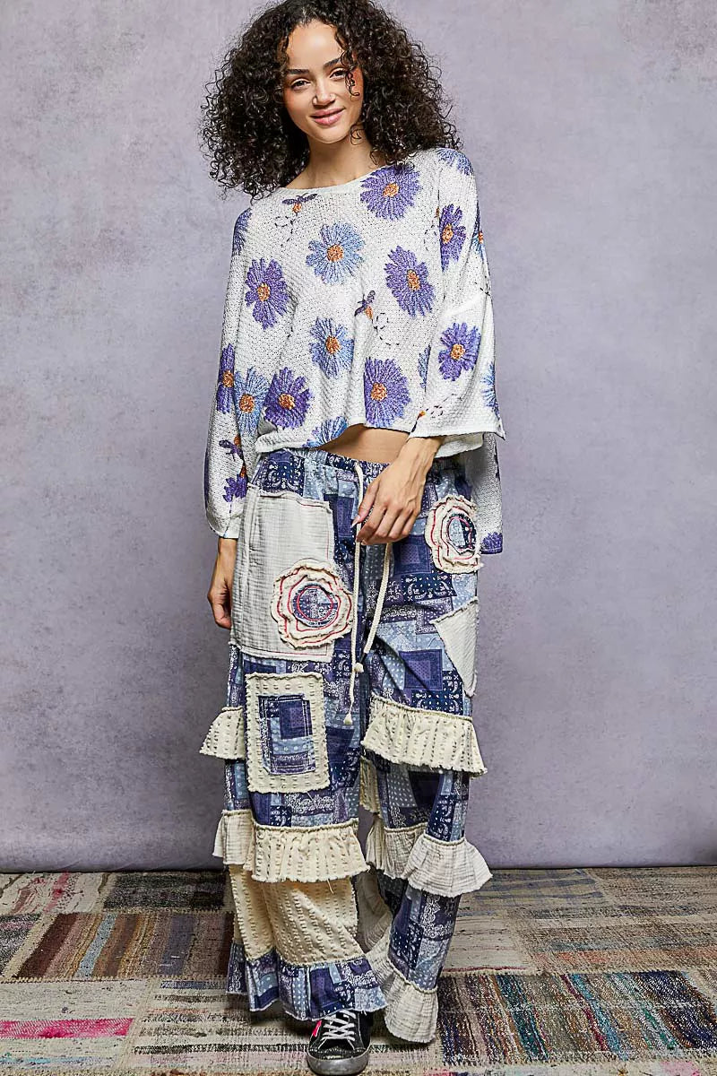 POL Floral Round Neck Rolling Edge Sweater