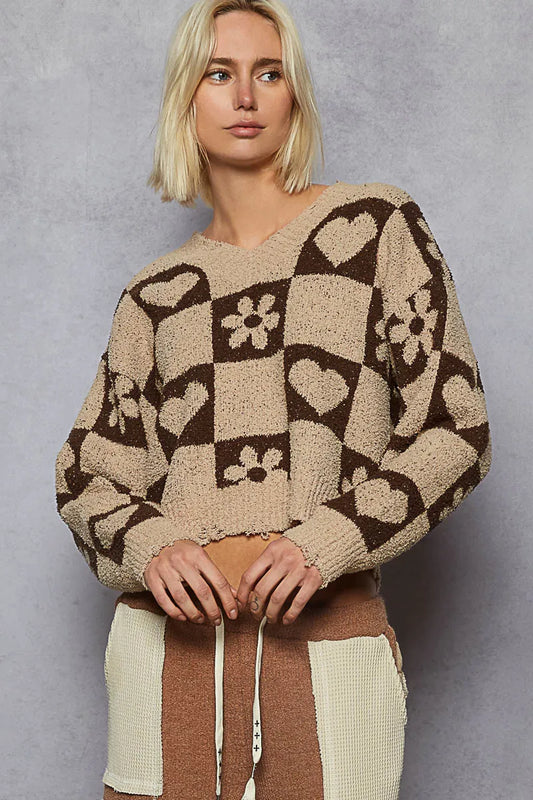 POL V-Neck Heart Pattern Checkered Sweater