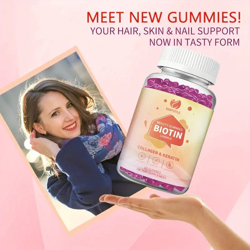 Biotin 12000MCG Beauty Gummies With Collagen & Keratin, Hair, Skin & Nail Support, 60 Count
