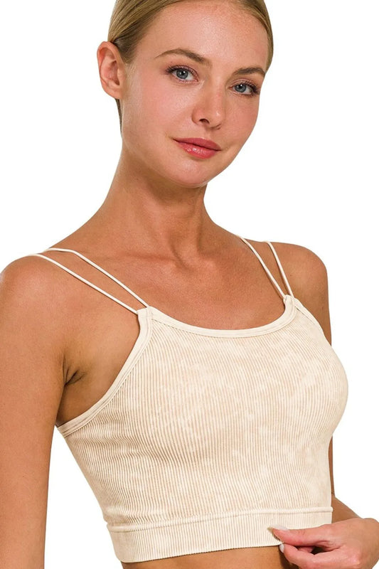Zenana Washed Ribbed Seamless Double Strap Brami