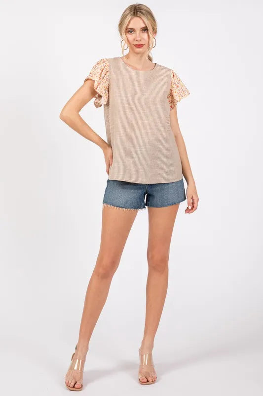 Ces Femme Round Neck Floral Short Sleeve Top