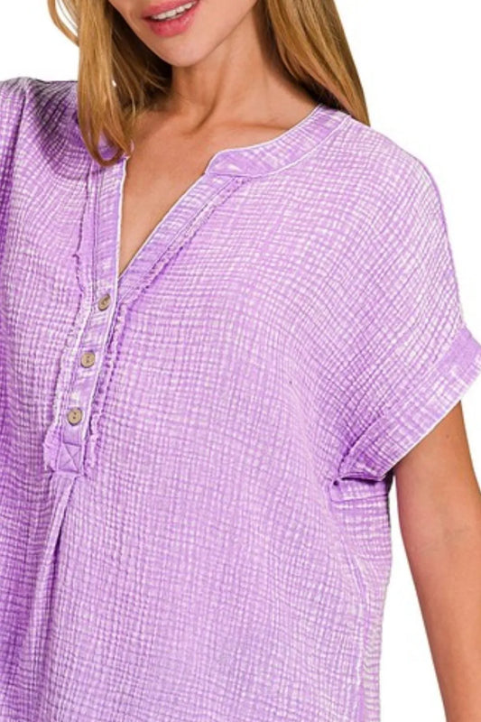 Zenana Washed Double Gauze 3/4 Button Henley Neck Shirt