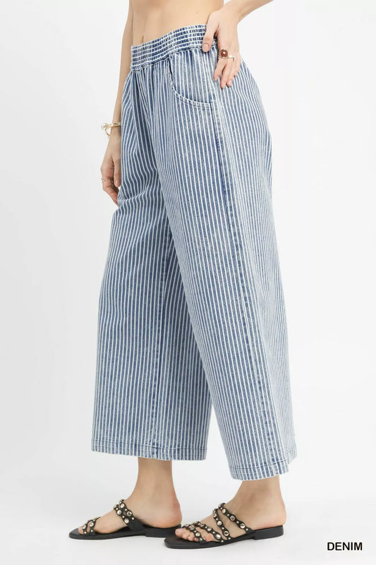 Umgee Stone Wash Stripe Wide-Leg Pants