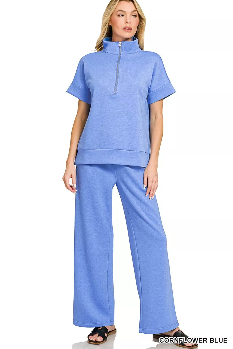 Zenana Scuba High Neck Half Zip Top & Pants Set