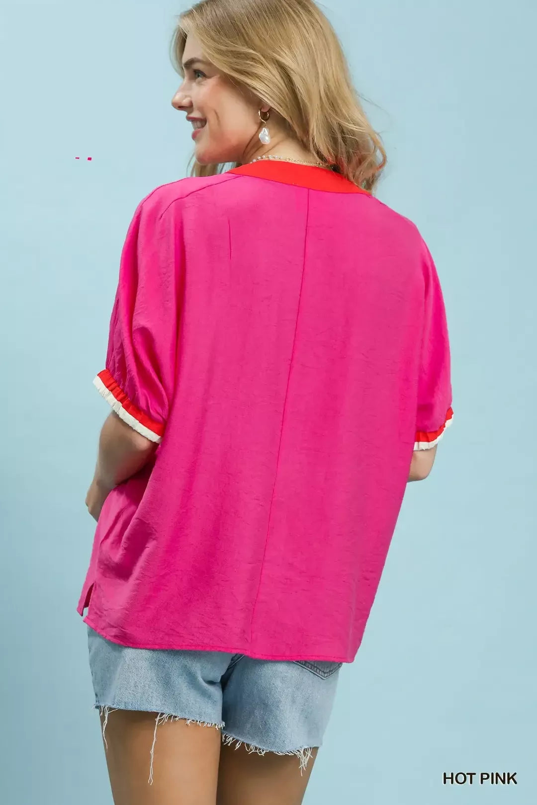 Umgee Embroidered Floral V-Neck Short Sleeve Blouse with Contrast Trim