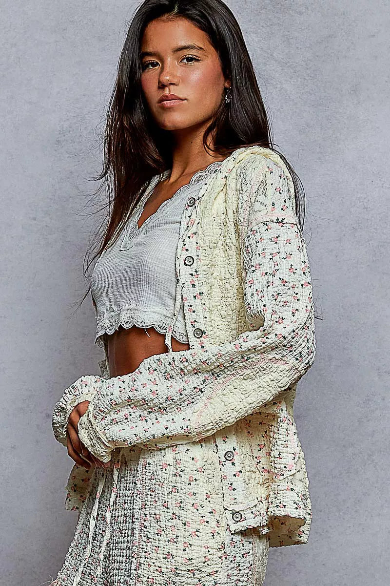 POL Floral Balloon Sleeve Hooded Lace Jacket with Stitch Detail