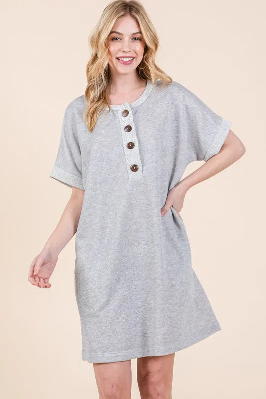 BOMBOM Casual Contrast Trim Henley Dress