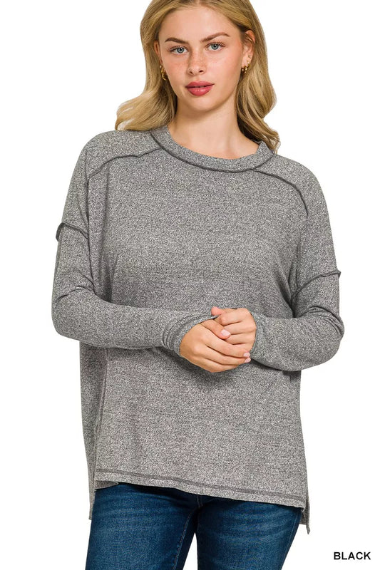 Zenana Full Size Melange Hacci Exposed Seam Hi-low Tee Plus Size
