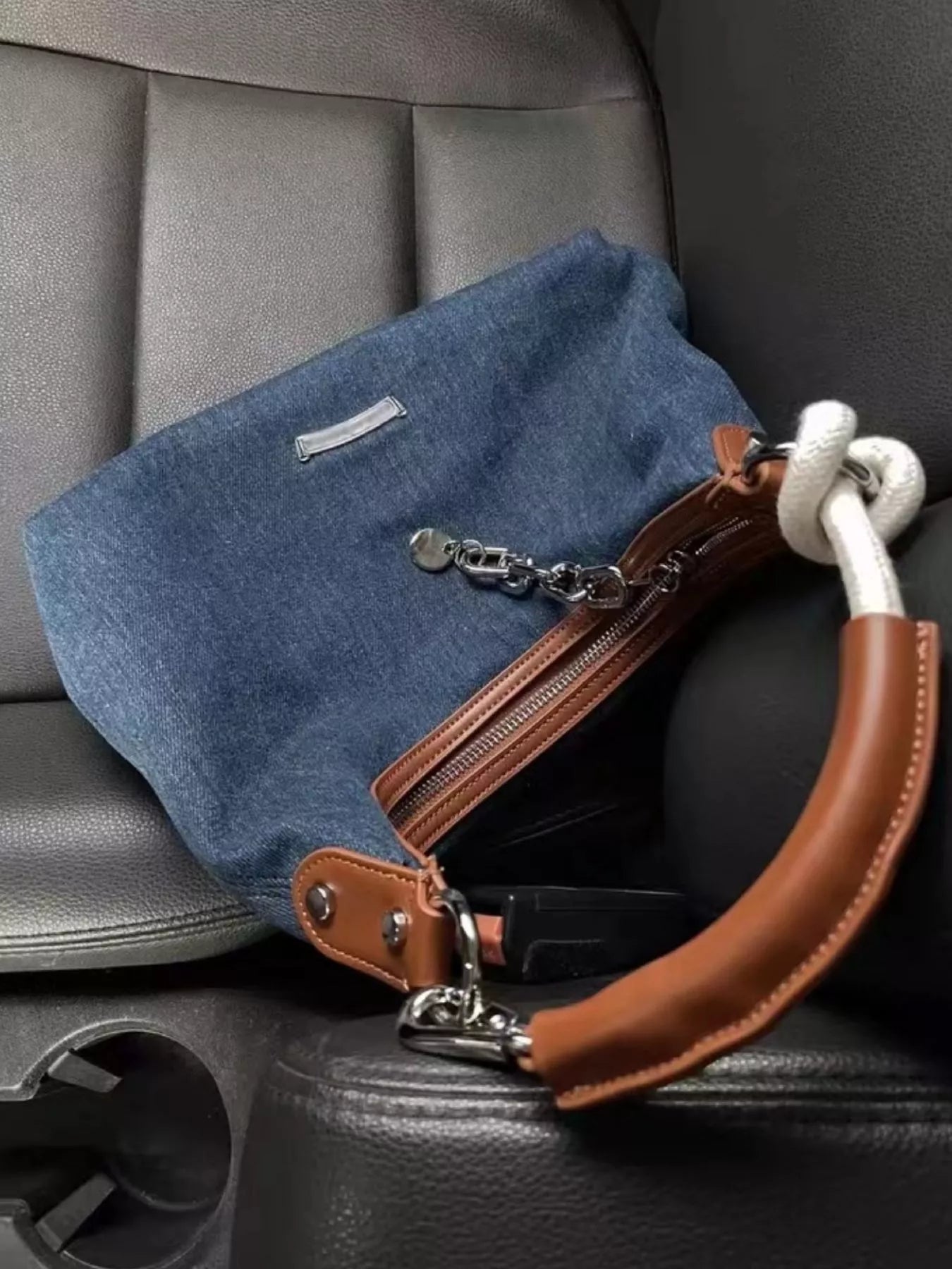 Denim Shoulder Bag with Leather Handle
