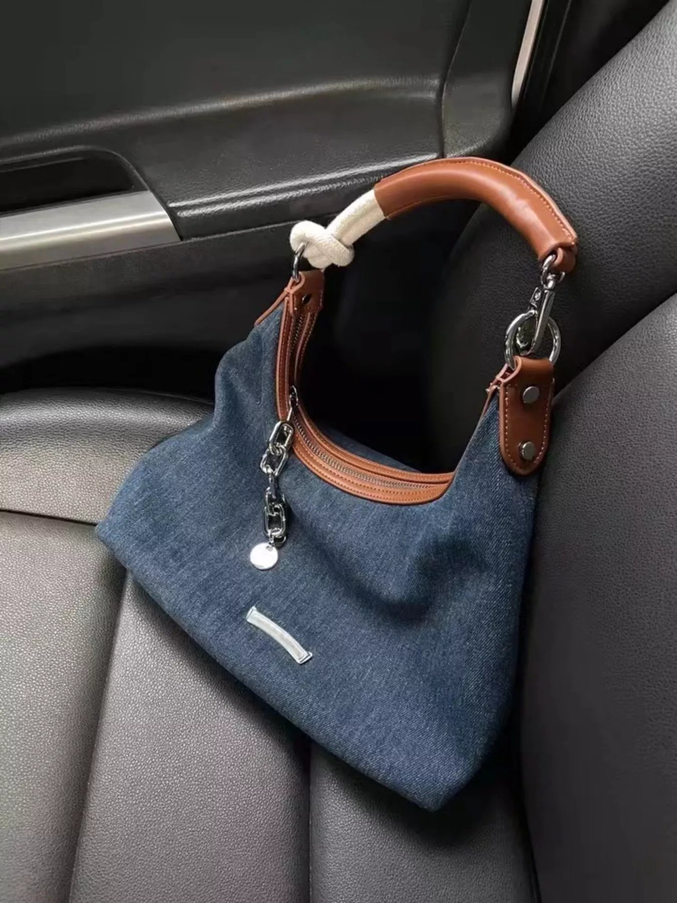 Denim Shoulder Bag with Leather Handle