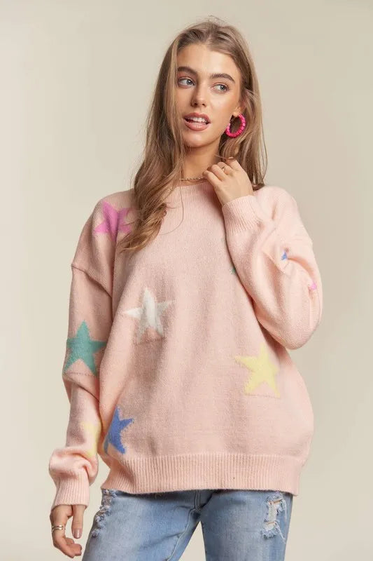 ADORA Stars Pattern Round Neck Drop Shoulder Sweater